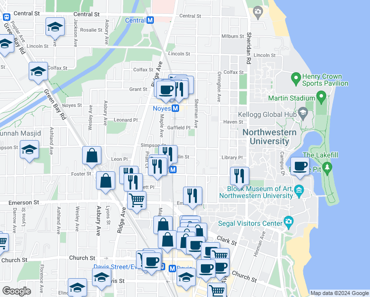 map of restaurants, bars, coffee shops, grocery stores, and more near 810 Simpson Street in Evanston