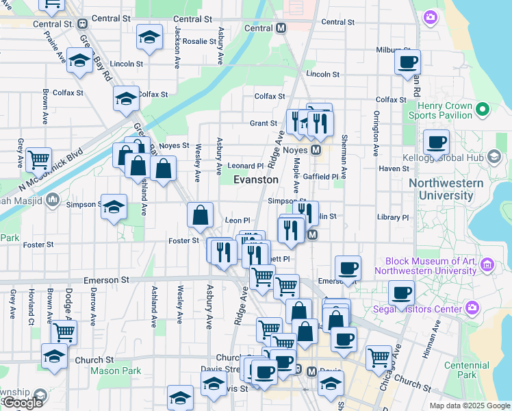 map of restaurants, bars, coffee shops, grocery stores, and more near 2060 Ridge Avenue in Evanston