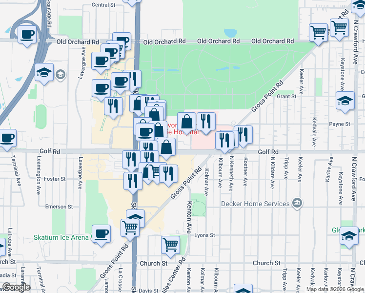 map of restaurants, bars, coffee shops, grocery stores, and more near 4600 Knox Avenue in Skokie