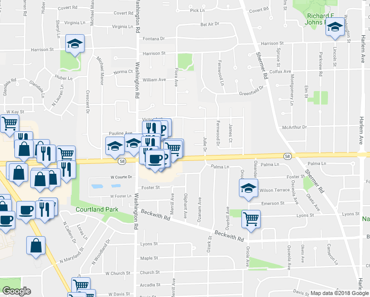 map of restaurants, bars, coffee shops, grocery stores, and more near 2580 Illinois 58 in Morton Grove