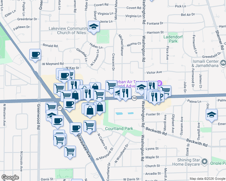 map of restaurants, bars, coffee shops, grocery stores, and more near 24 Crescent Drive in Glenview