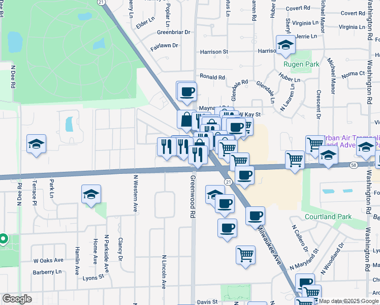 map of restaurants, bars, coffee shops, grocery stores, and more near 9640 Illinois 21 in Niles