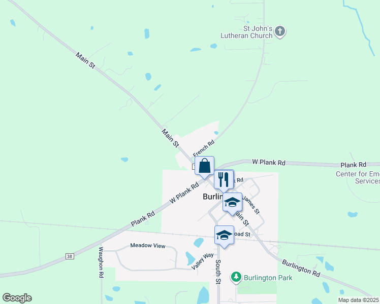 map of restaurants, bars, coffee shops, grocery stores, and more near 124 French Road in Burlington