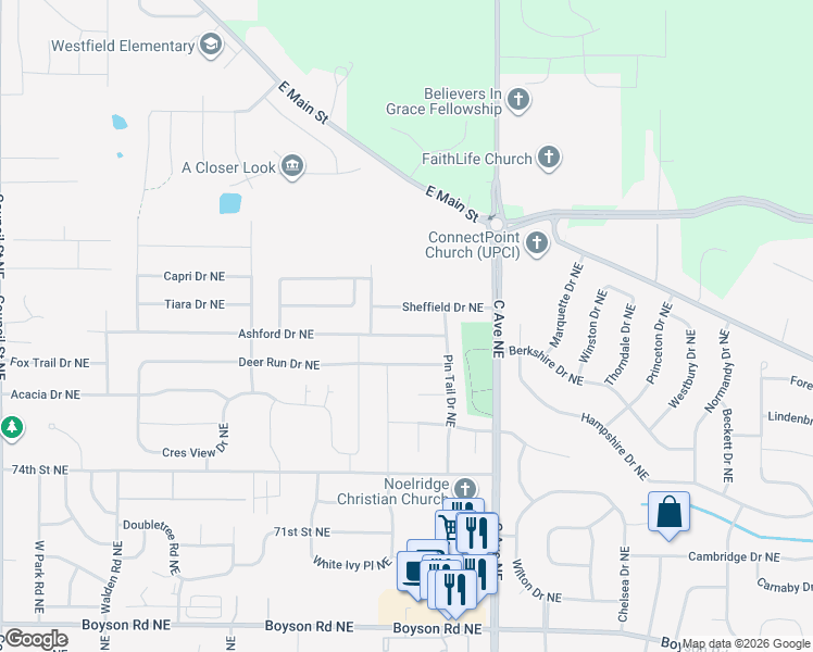 map of restaurants, bars, coffee shops, grocery stores, and more near 610 Ashford Dr NE in Cedar Rapids