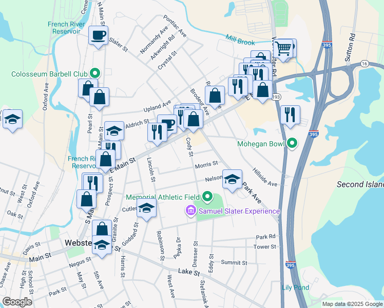 map of restaurants, bars, coffee shops, grocery stores, and more near 8 Grove Street in Webster