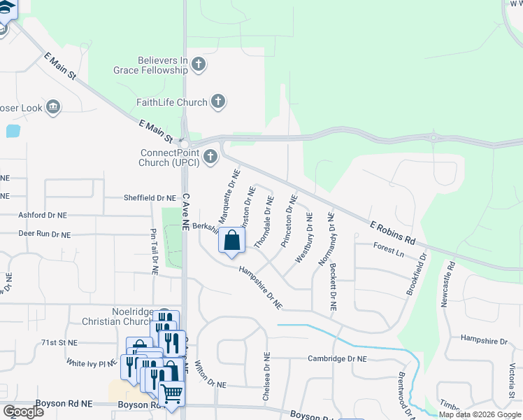 map of restaurants, bars, coffee shops, grocery stores, and more near 7705-7709 Thorndale Drive Northeast in Cedar Rapids