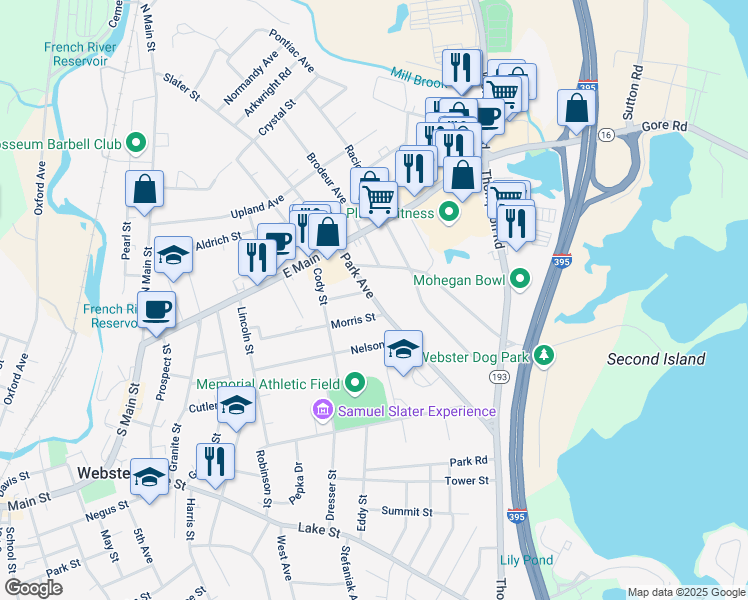 map of restaurants, bars, coffee shops, grocery stores, and more near 31 Park Avenue in Webster