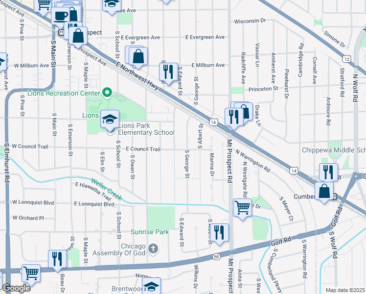 map of restaurants, bars, coffee shops, grocery stores, and more near 518 South George Street in Mount Prospect
