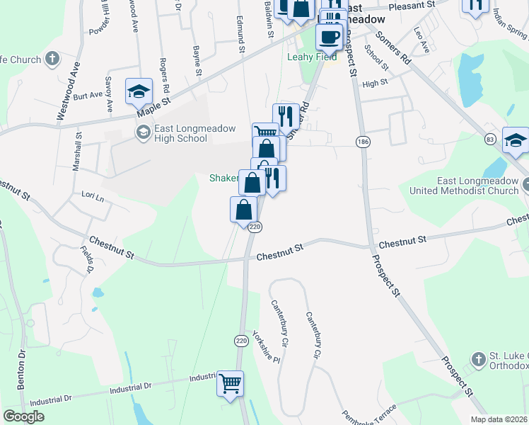 map of restaurants, bars, coffee shops, grocery stores, and more near 210 Shaker Road in East Longmeadow