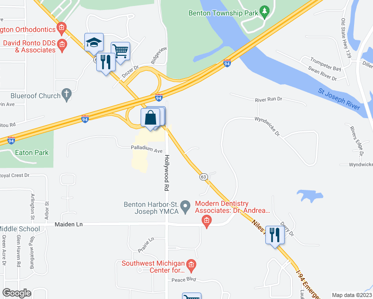 map of restaurants, bars, coffee shops, grocery stores, and more near 3379 Niles Road in St. Joseph