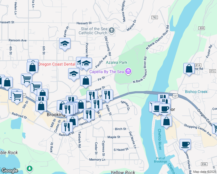 map of restaurants, bars, coffee shops, grocery stores, and more near 421 Pine Street in Brookings