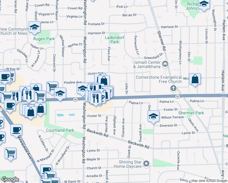 map of restaurants, bars, coffee shops, grocery stores, and more near 2580 Golf Road in Glenview