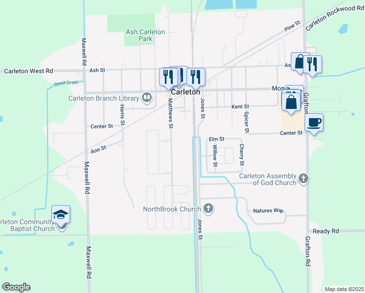 map of restaurants, bars, coffee shops, grocery stores, and more near 12400 Matthews Street in Carleton