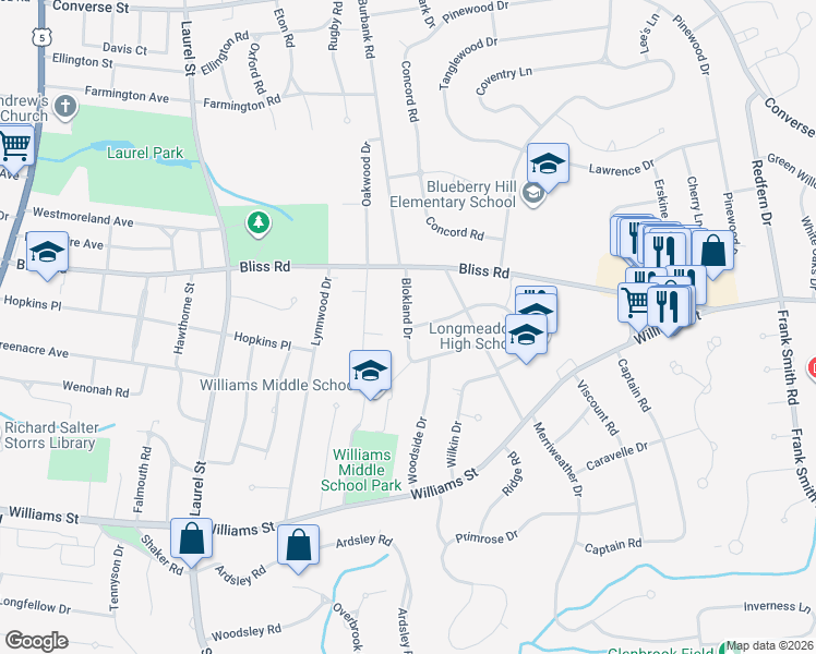 map of restaurants, bars, coffee shops, grocery stores, and more near 64 Blokland Dr in Longmeadow