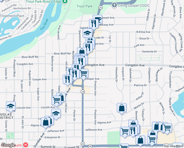 map of restaurants, bars, coffee shops, grocery stores, and more near 1000 Preston Avenue in Elgin