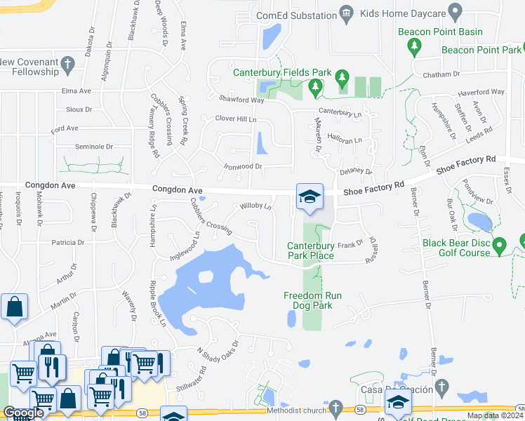 map of restaurants, bars, coffee shops, grocery stores, and more near 1085 Willoby Lane in Elgin