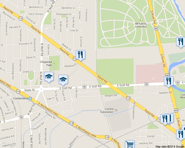 map of restaurants, bars, coffee shops, grocery stores, and more near 965 Rand Road in Des Plaines