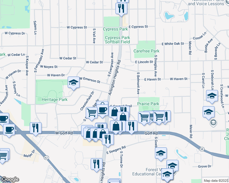 map of restaurants, bars, coffee shops, grocery stores, and more near 1531 South Arlington Heights Road in Arlington Heights