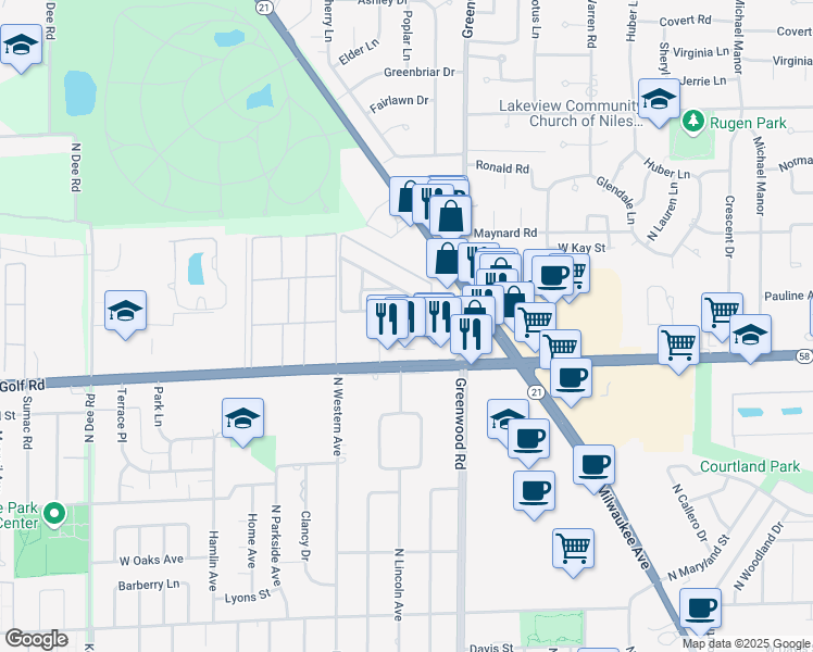 map of restaurants, bars, coffee shops, grocery stores, and more near 9629 Brandy Court in Des Plaines