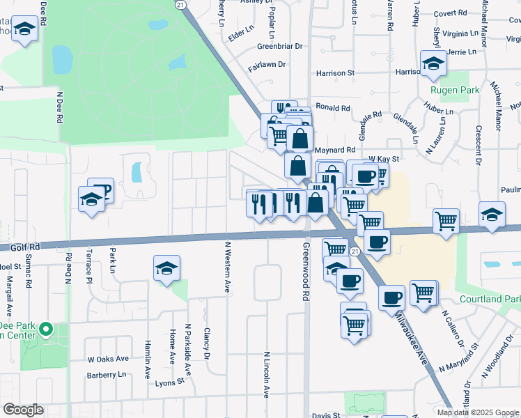 map of restaurants, bars, coffee shops, grocery stores, and more near 9629 Brandy Court in Des Plaines