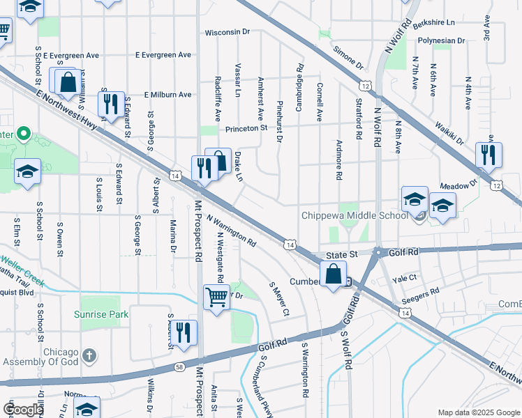 map of restaurants, bars, coffee shops, grocery stores, and more near 160 U.S. 14 in Des Plaines