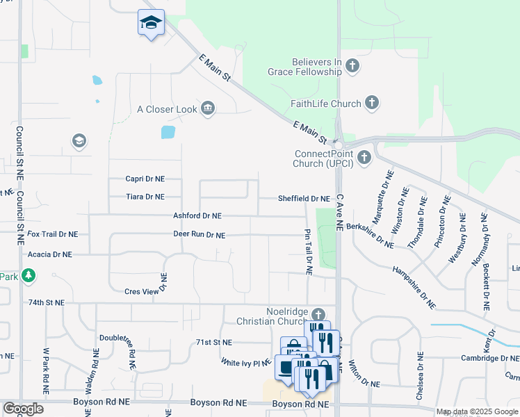map of restaurants, bars, coffee shops, grocery stores, and more near 706 Ashford Drive Northeast in Cedar Rapids
