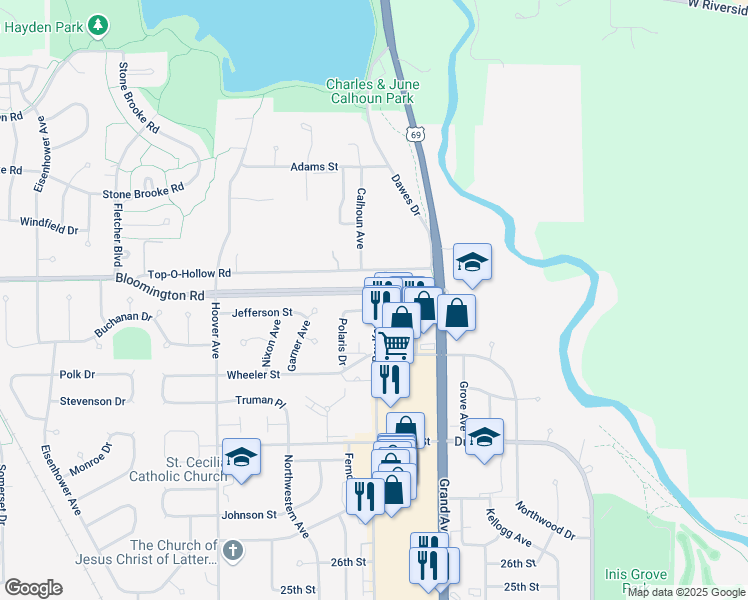 map of restaurants, bars, coffee shops, grocery stores, and more near 3419 Polaris Drive in Ames