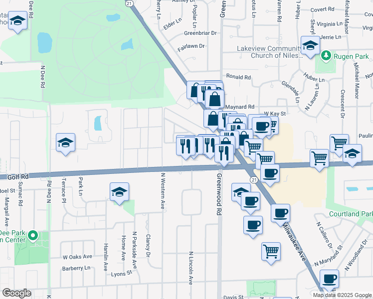 map of restaurants, bars, coffee shops, grocery stores, and more near 9629 Brandy Court in Des Plaines