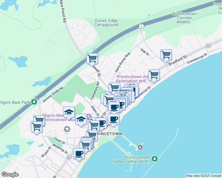 map of restaurants, bars, coffee shops, grocery stores, and more near 7 Conwell Street in Provincetown