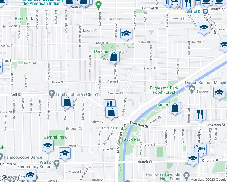 map of restaurants, bars, coffee shops, grocery stores, and more near 2100 Bennett Avenue in Evanston