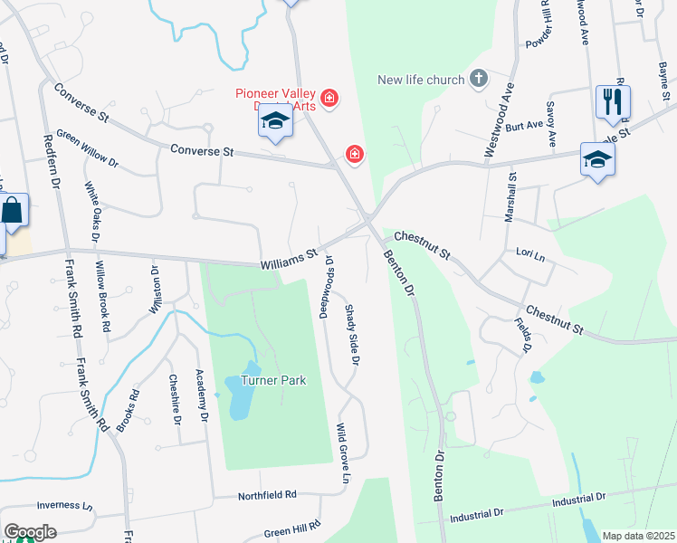 map of restaurants, bars, coffee shops, grocery stores, and more near 27 Deepwoods Drive in Longmeadow