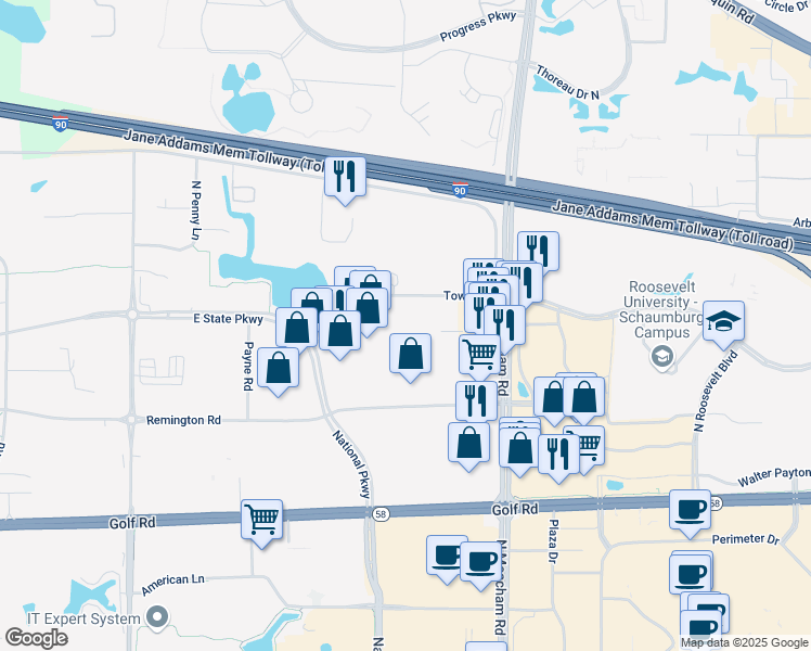 map of restaurants, bars, coffee shops, grocery stores, and more near 1211 Tower Road in Schaumburg