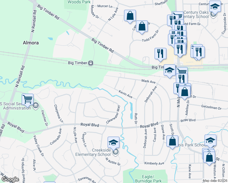 map of restaurants, bars, coffee shops, grocery stores, and more near 1895 Kevin Avenue in Elgin
