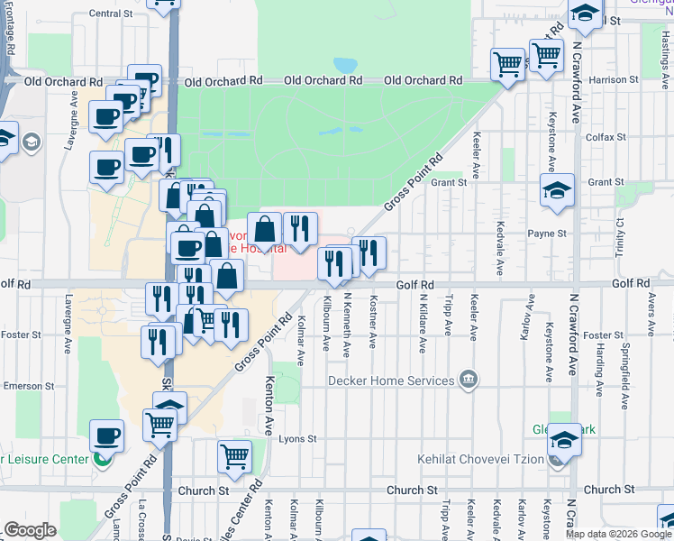 map of restaurants, bars, coffee shops, grocery stores, and more near 9631 Gross Point Road in Skokie
