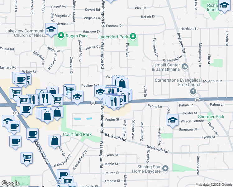 map of restaurants, bars, coffee shops, grocery stores, and more near 2626 Golf Road in Glenview