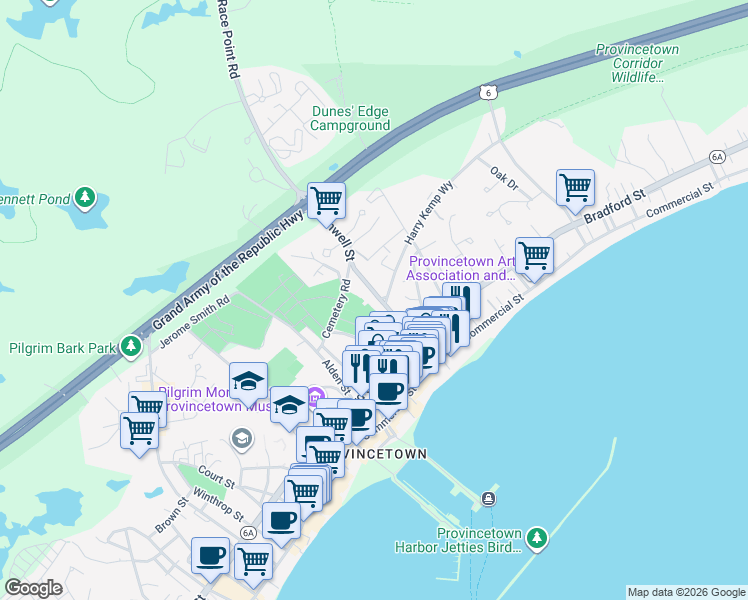 map of restaurants, bars, coffee shops, grocery stores, and more near 16 Conwell Street in Provincetown