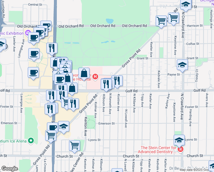 map of restaurants, bars, coffee shops, grocery stores, and more near 4450 Golf Road in Skokie