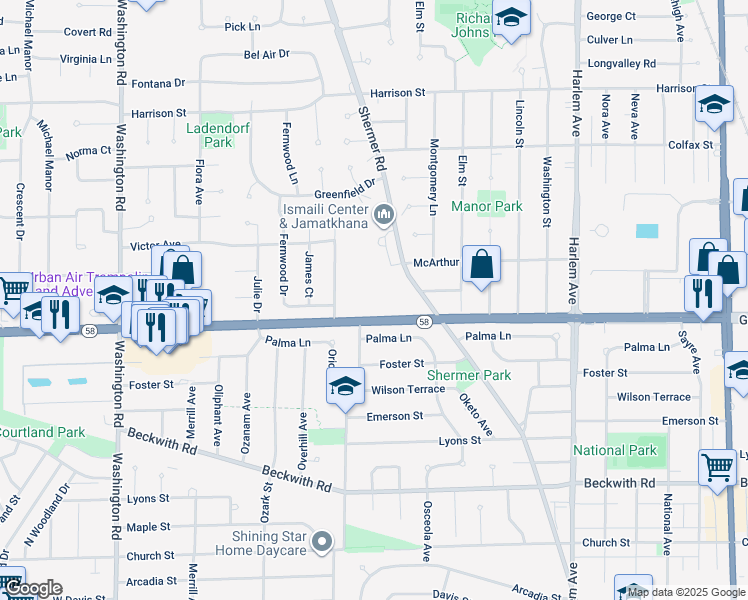 map of restaurants, bars, coffee shops, grocery stores, and more near 2200 Golf Road in Glenview