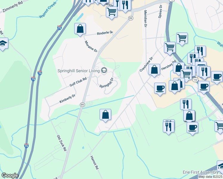 map of restaurants, bars, coffee shops, grocery stores, and more near 2500 Hershey Road in Erie