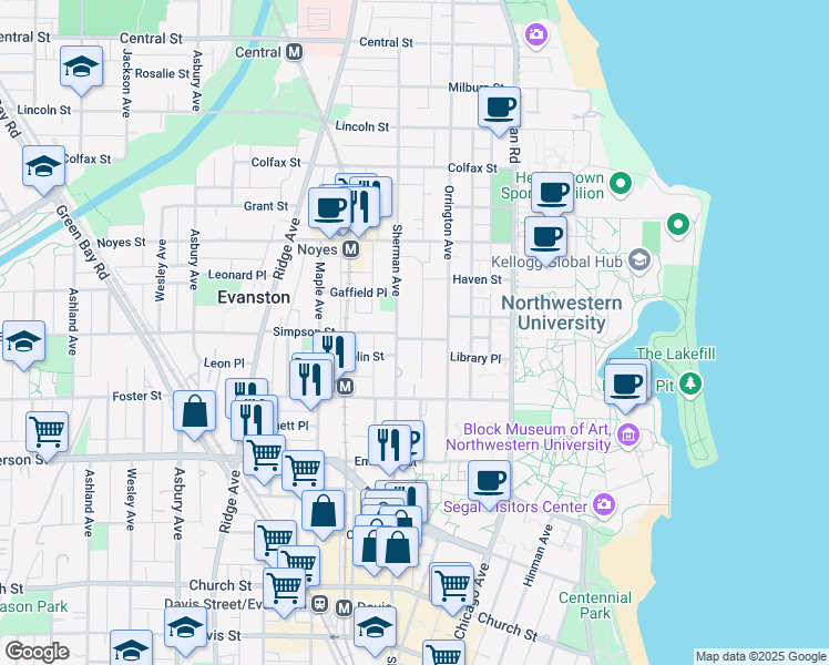 map of restaurants, bars, coffee shops, grocery stores, and more near 720 Simpson Street in Evanston