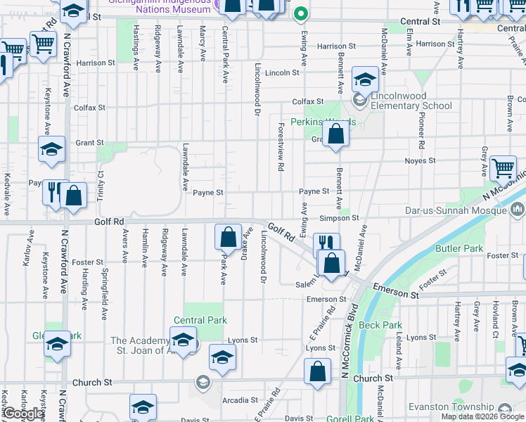 map of restaurants, bars, coffee shops, grocery stores, and more near 2921 Simpson Street in Evanston