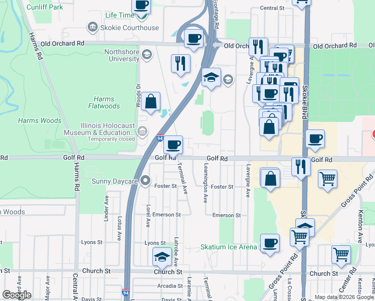 map of restaurants, bars, coffee shops, grocery stores, and more near 5240 Golf Road in Skokie
