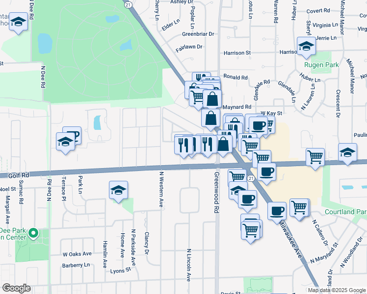map of restaurants, bars, coffee shops, grocery stores, and more near 9629 Brandy Court in Des Plaines