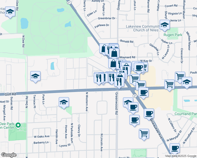 map of restaurants, bars, coffee shops, grocery stores, and more near 9629 Brandy Court in Des Plaines