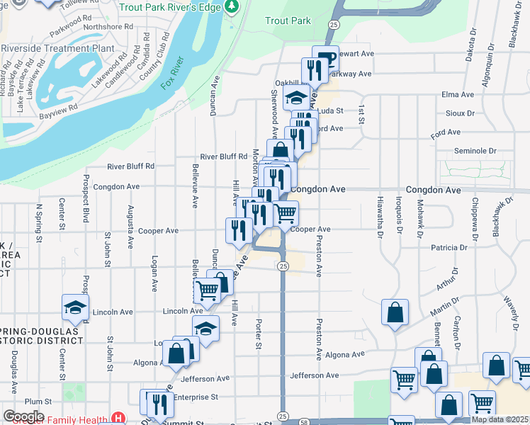 map of restaurants, bars, coffee shops, grocery stores, and more near 1000 Dundee Avenue in Elgin