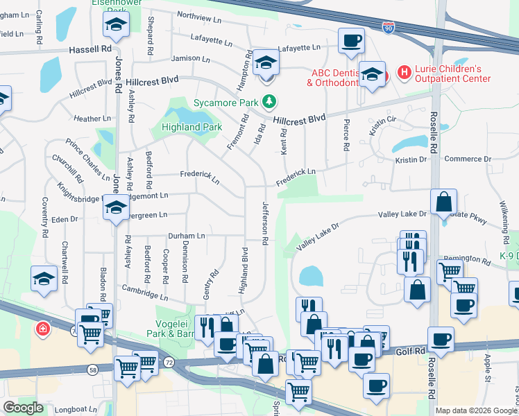 map of restaurants, bars, coffee shops, grocery stores, and more near 1540 Jefferson Road in Hoffman Estates