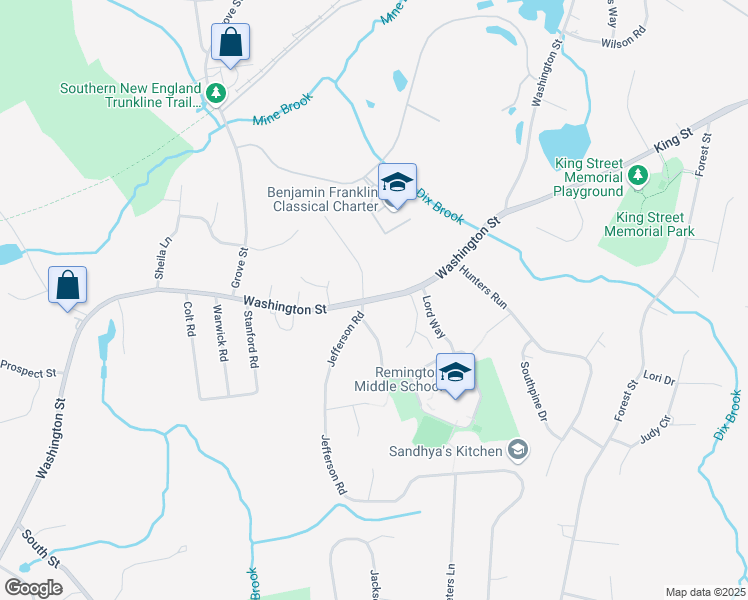 map of restaurants, bars, coffee shops, grocery stores, and more near 628 Washington Street in Franklin