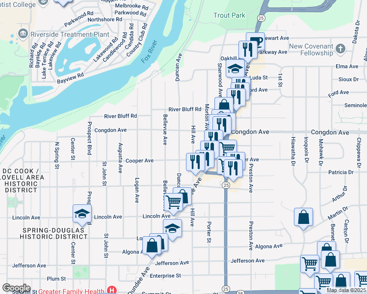 map of restaurants, bars, coffee shops, grocery stores, and more near 1010 Duncan Avenue in Elgin