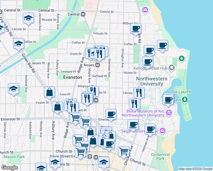map of restaurants, bars, coffee shops, grocery stores, and more near 810 Simpson Street in Evanston