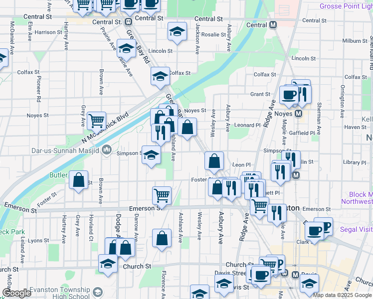 map of restaurants, bars, coffee shops, grocery stores, and more near 1470 Simpson Street in Evanston